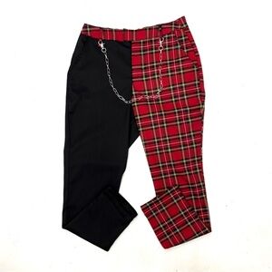 Hot Topic Women Size M Split Leg Pants Black Red Plaid Chain Grunge